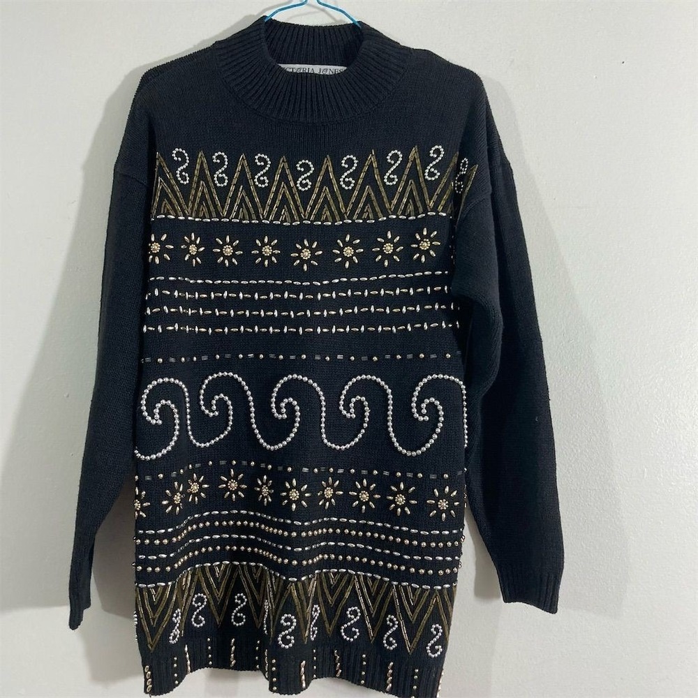 Victoria Jones Petites M Black Gold Beaded Tunic Sweater Party/Cocktail‎